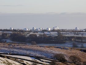 Rows of white radome domes at a sovereign signals-intelligence and satellite communications station, representing protected national network infrastructure